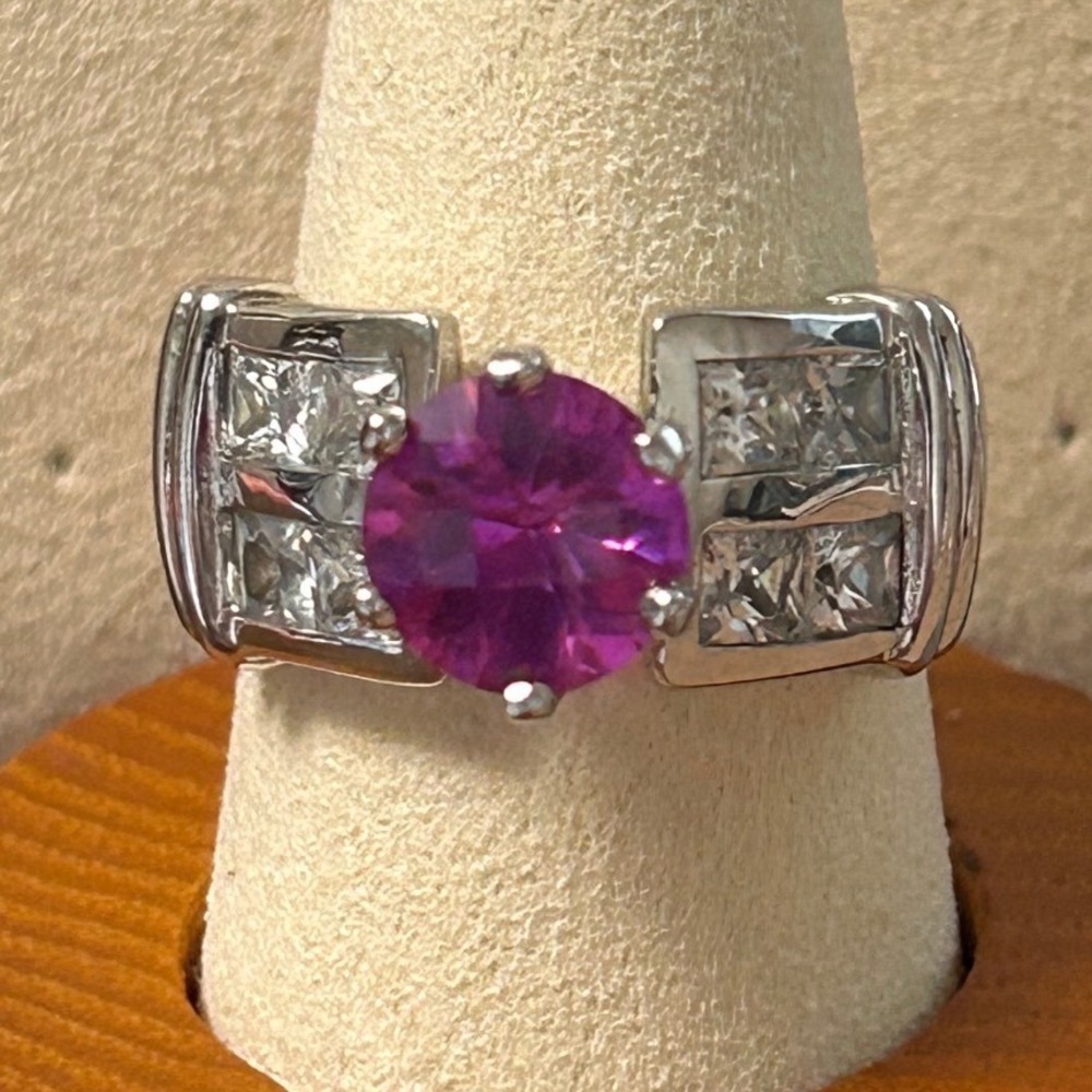 Thai FAS 925 Sterling Silver Purple Pink Stone CZ Statement Ring Size 6.75